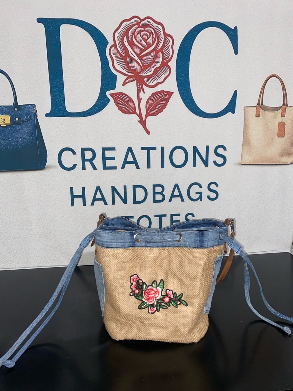 Beige & Blue Floral Embroidered Bucket Bag